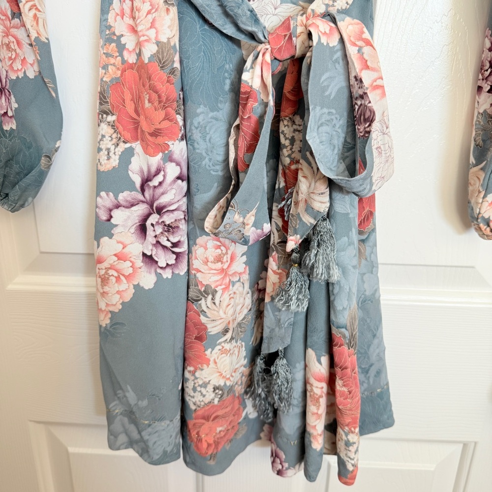 Jade Johnny Was Floral Long Sleeve Dress in Blue and Pink with Belt and Tassels - Picture 4 of 12